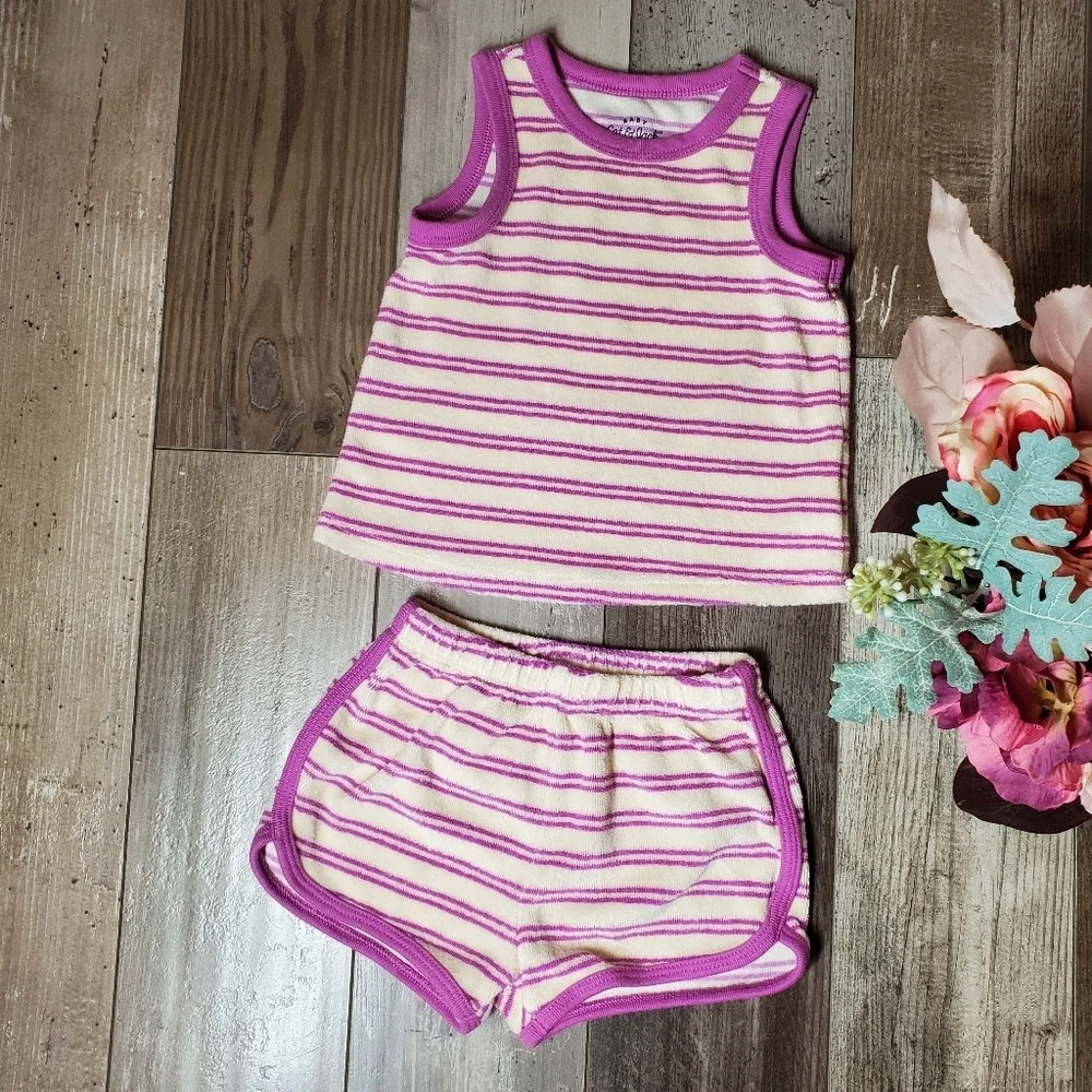 Cat & Jack Baby Girl 2pc Terry Tank Top & Shorts Set Purple & Cream Striped NWOT